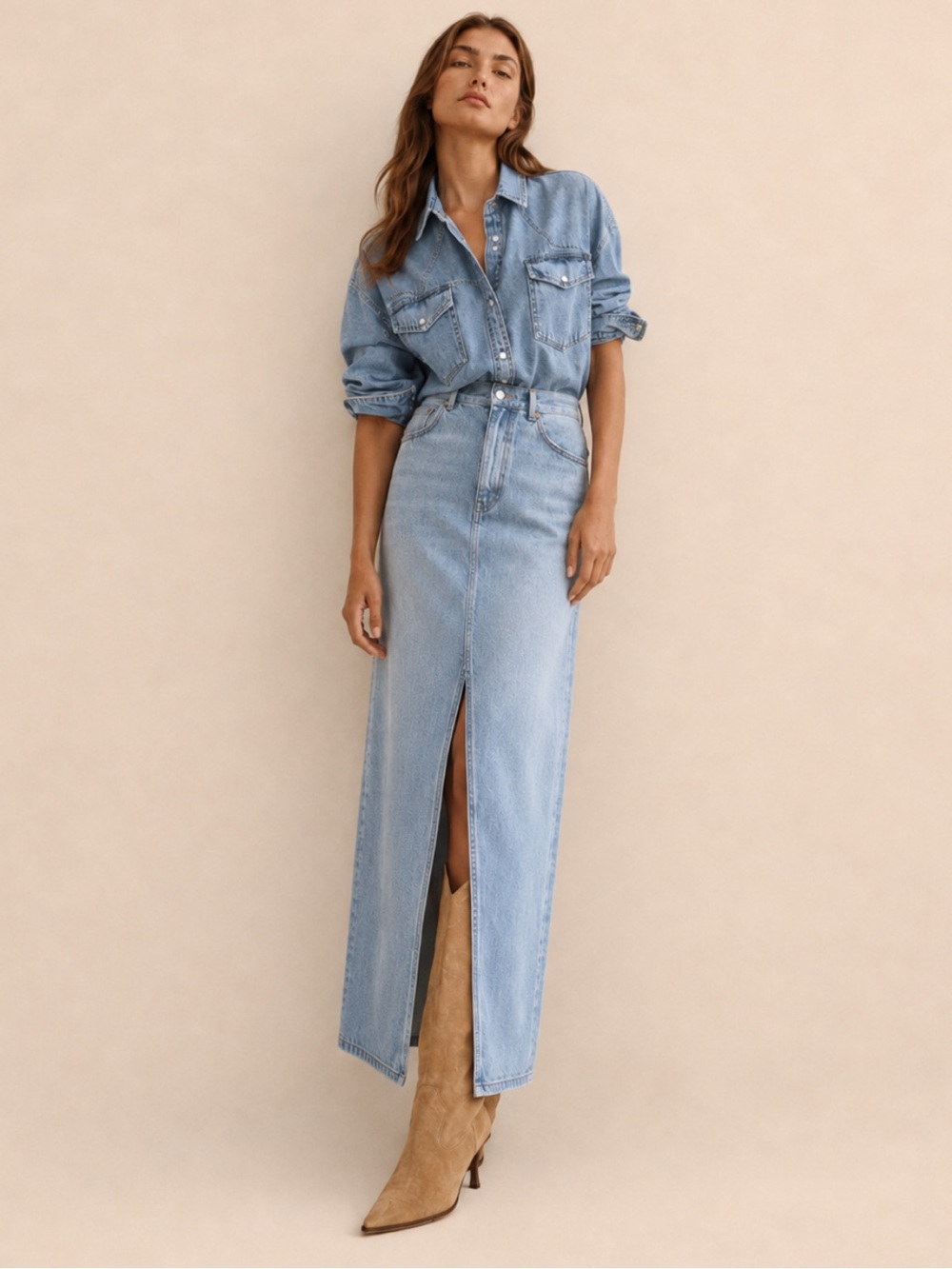 Zara Light Wash Denim Maxi Midi Skirt Front Slit High Rise S